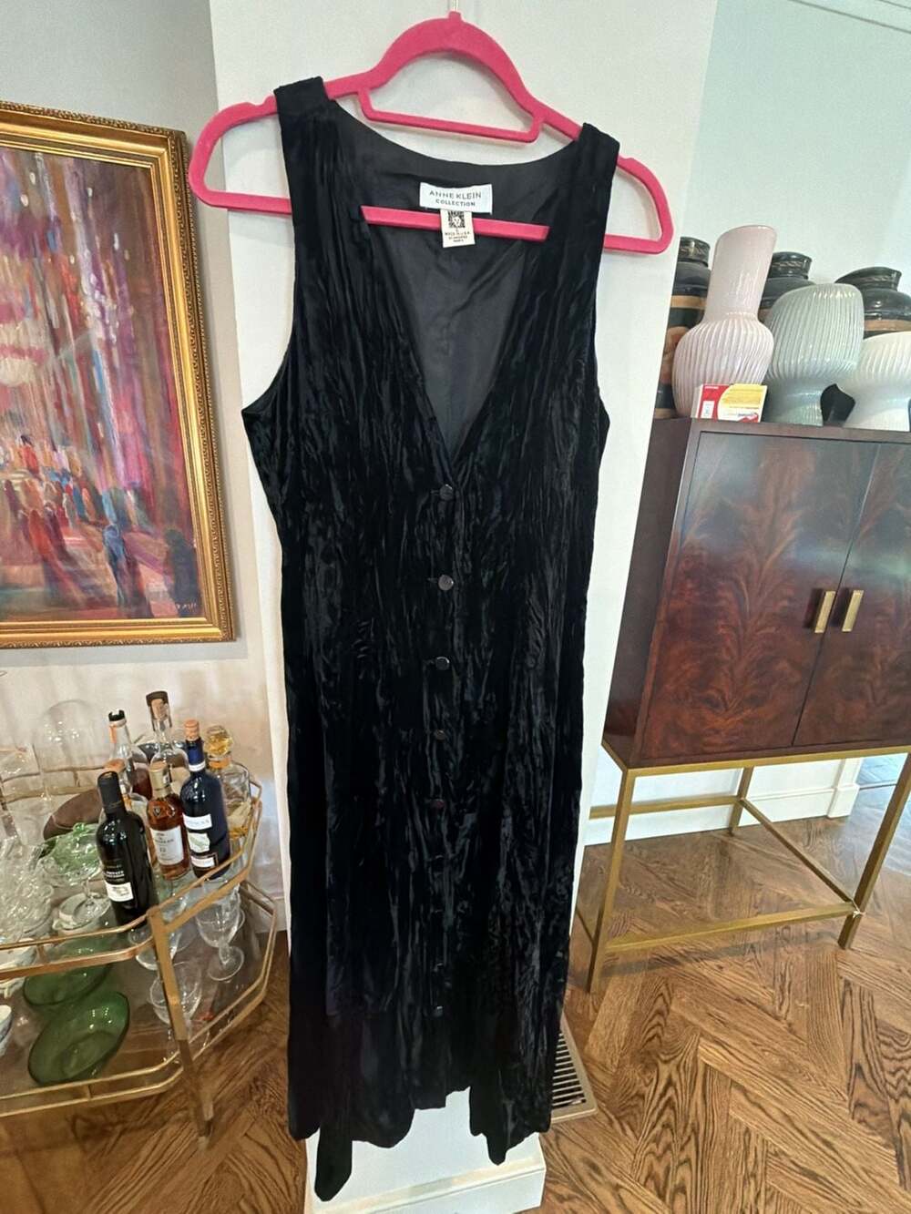 Anne Klein Vintage Black Crushed Velvet Sleeveless Button down Maxi Dress Size 6